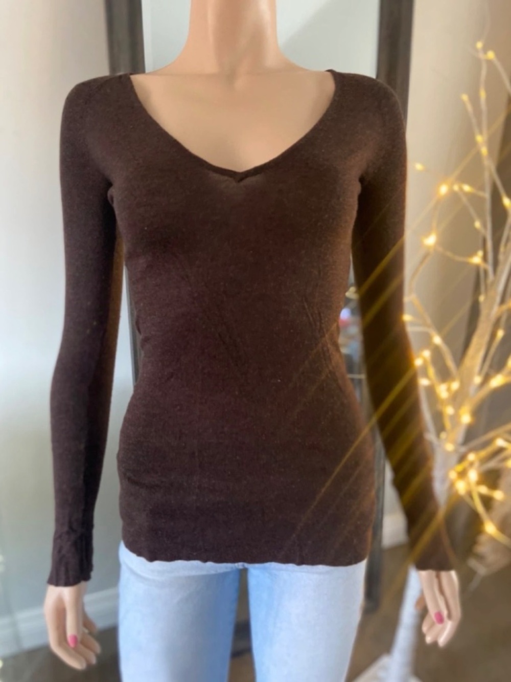 Ladies Brown Long Sleeve Deep V-Neck Sweater - Size S - Picture 3 of 10